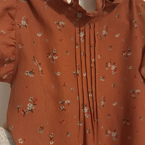 Orange Rust Floral Ruffle Sleeve Blouse - Picture 2 of 3
